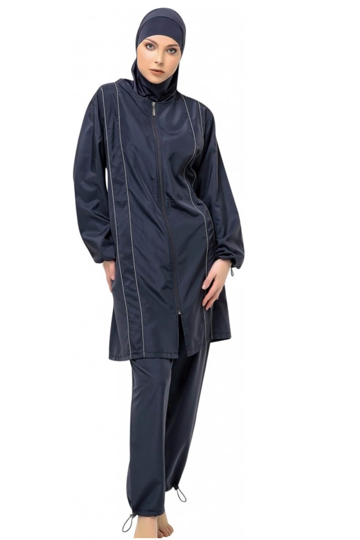 Büyük Beden Gri Şeritli Antrasit Tam Tesettür Mayo