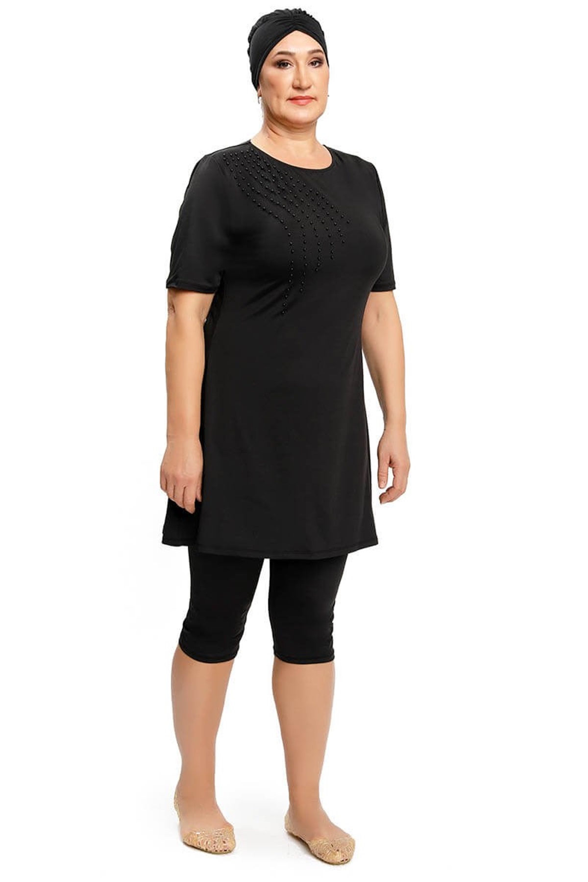 Büyük Beden İncili Kısa Kol Kapalı Mayo 191811 Siyah