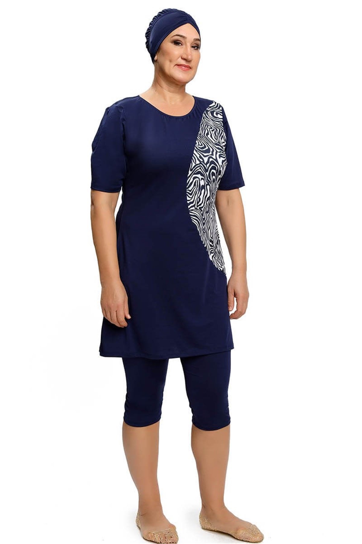 Büyük Beden Kısa Kol Baskılı Kapalı Mayo 191821 Lacivert