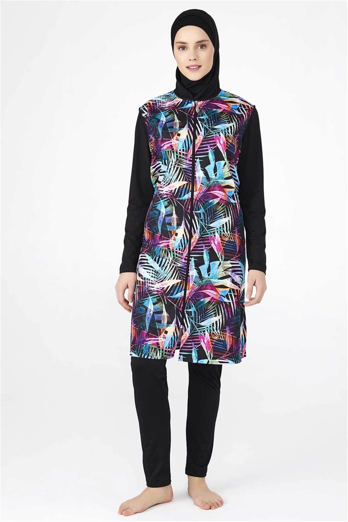 Büyük Beden Tesettür Mayo, Renkli Desenli Kapalı Mayo T0783