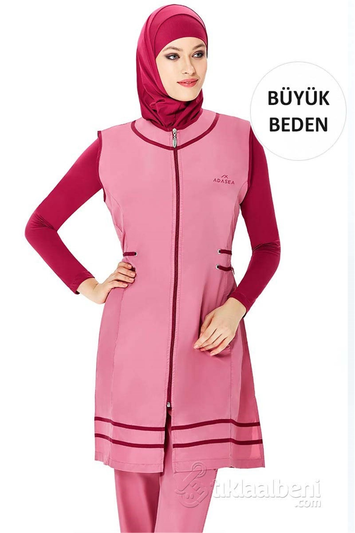 Büyük Beden Yelekli Tesettür Mayo Adasea 222021-B - Gül Kurusu