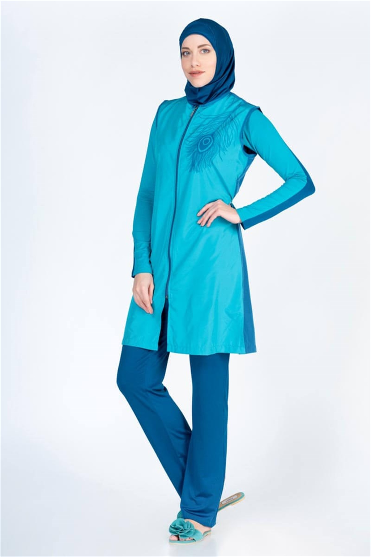 Büyük Beden Yelekli Tesettür Mayo Mavi