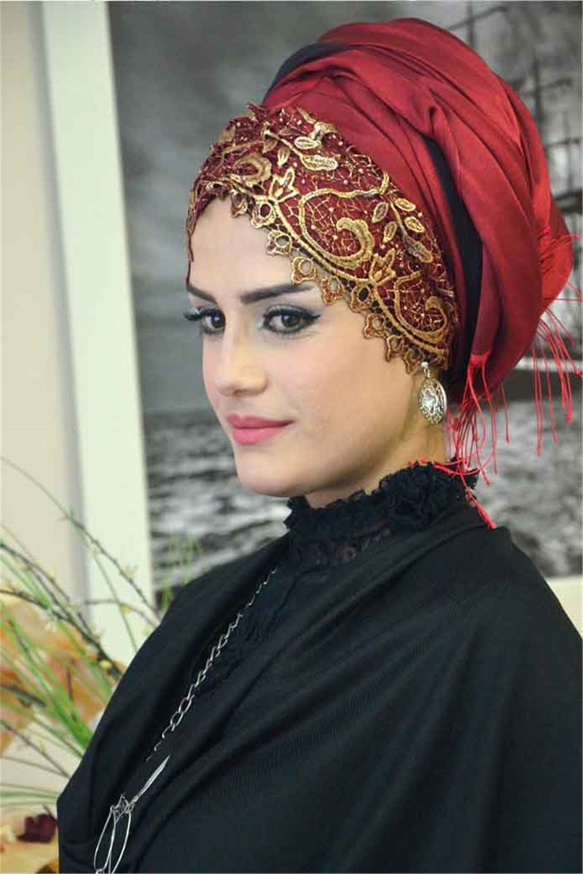 Büzgülü Bordo Bandana Pratik Şal BND6040