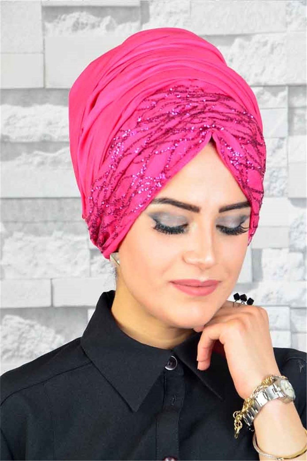 Büzgülü Fuşya Bandana Pratik Şal BND6048