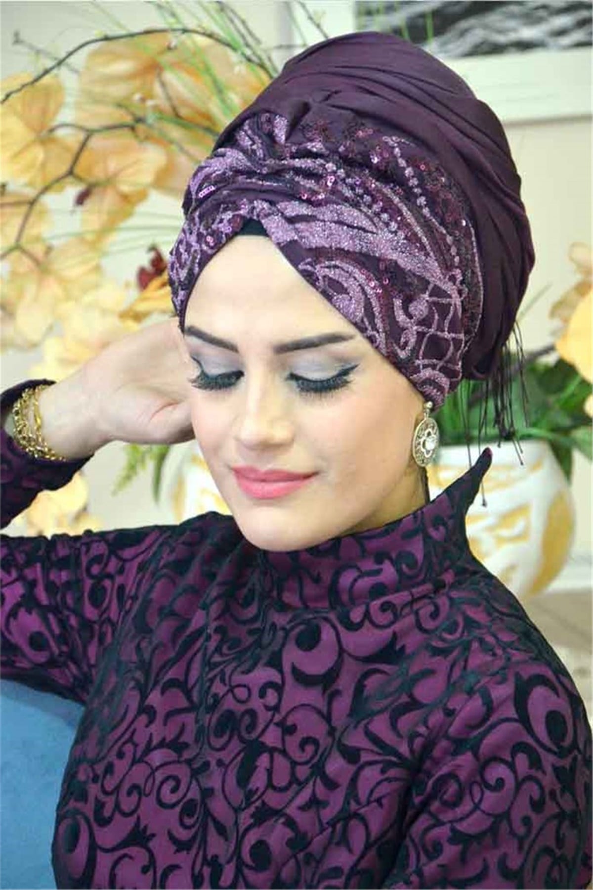 Büzgülü Mürdüm Pulpayet Bandana Pratik Şal BND6043