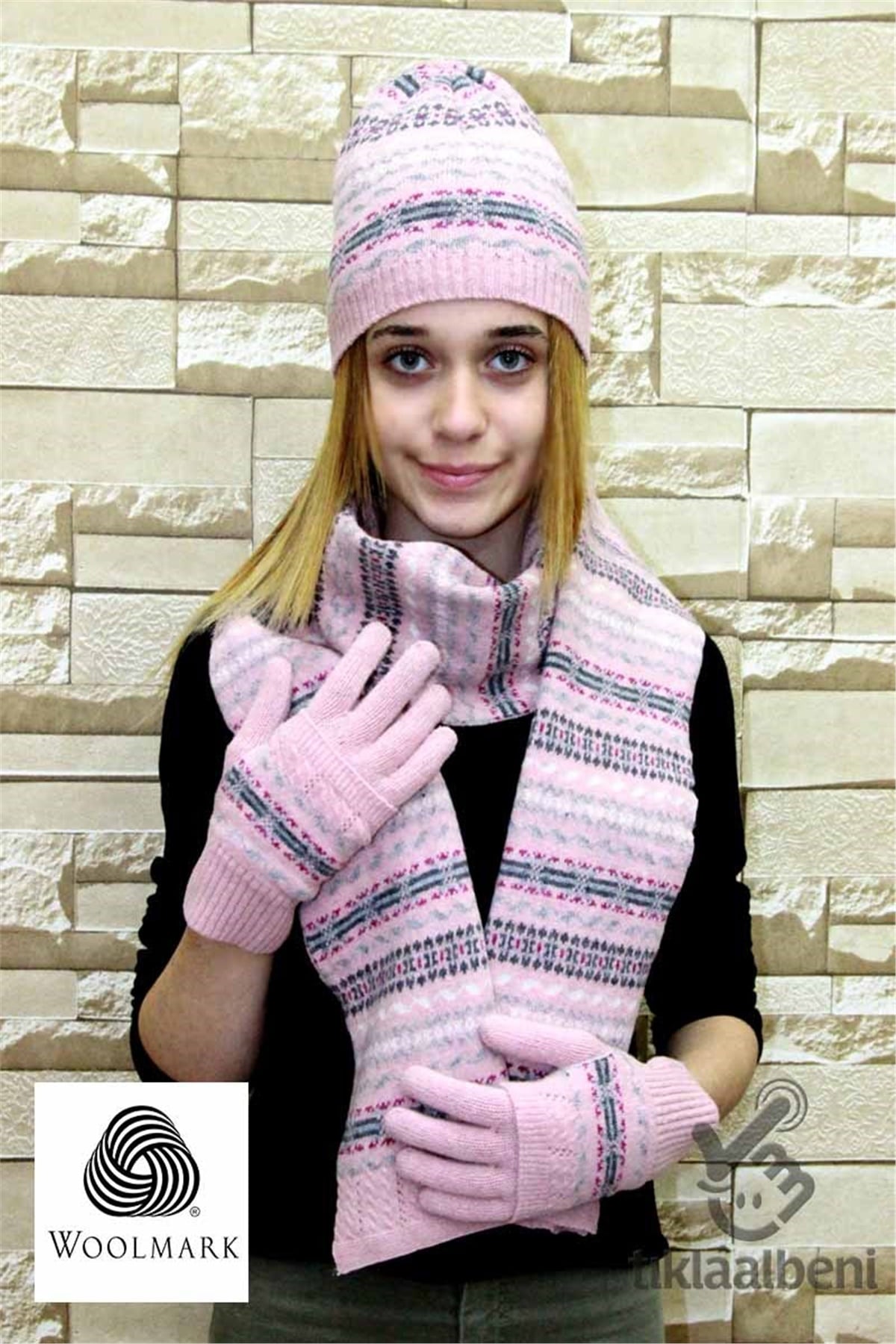 %100 Yün Bayan Atkı Bere Eldiven Takımı - 18895