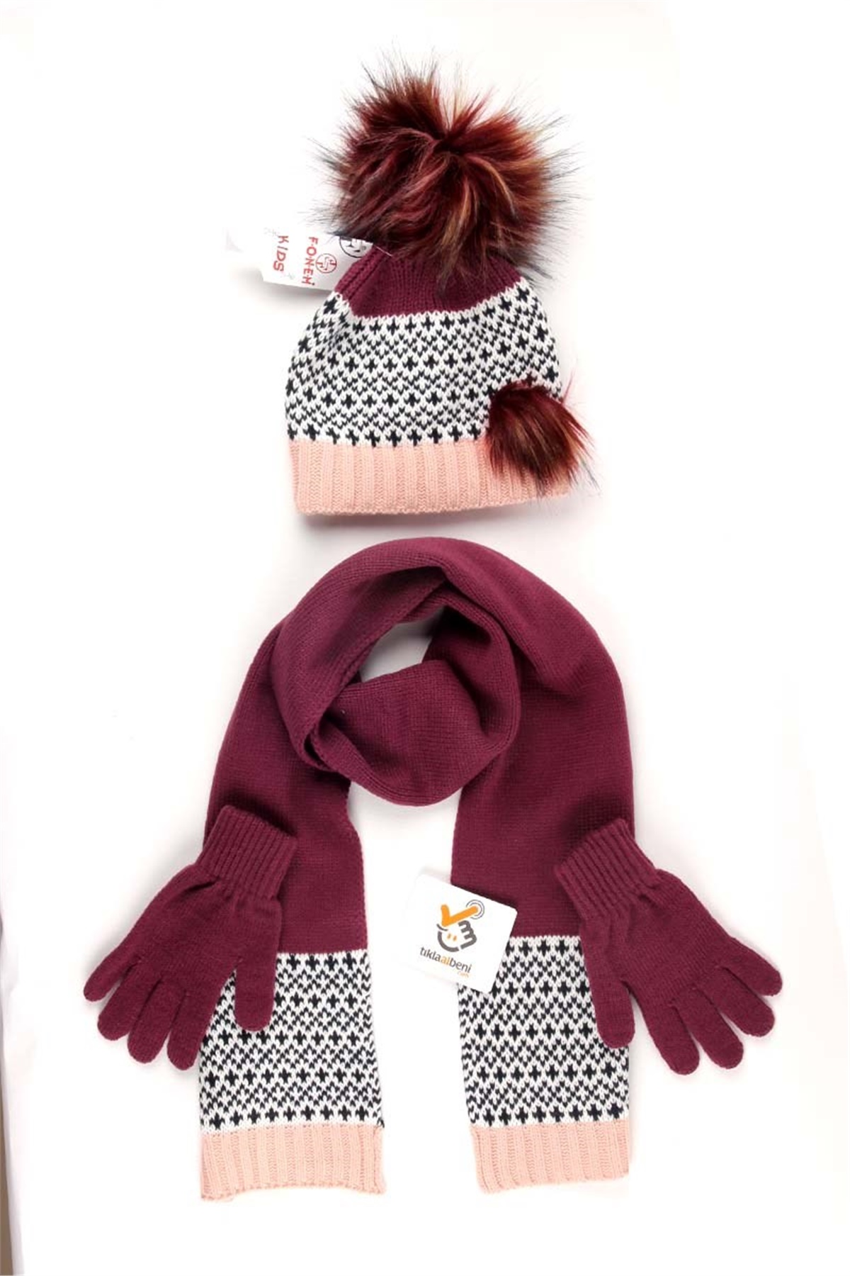 Chery Kız Çocuk Atkı Bere Mürdüm Eldiven Takımı, Hardal 8 / 12 Yaş