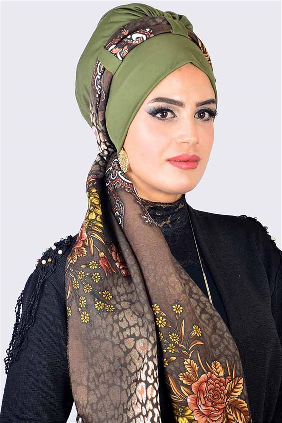 Çiçekli Haki Bone Şal t13761
