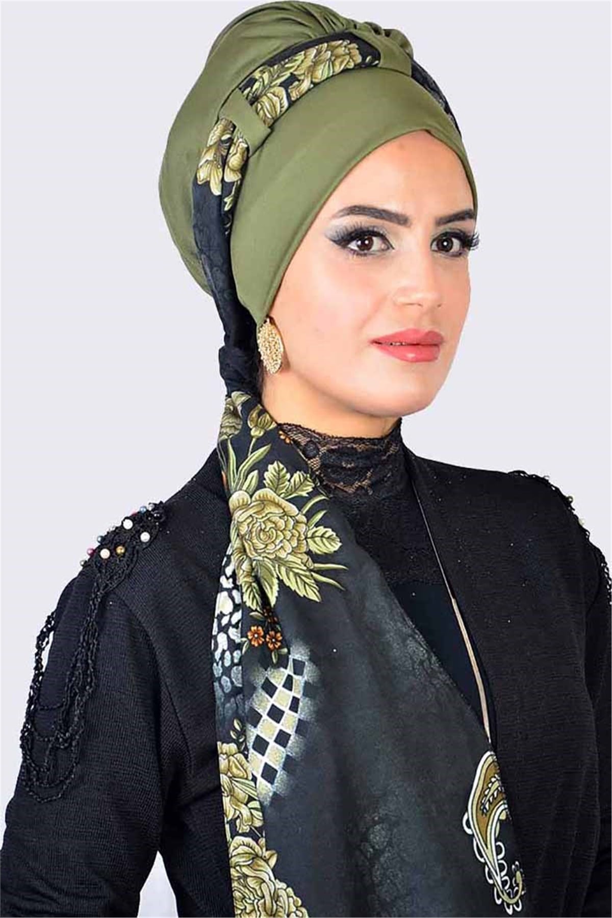 Çiçekli Haki Bone Şal t13765