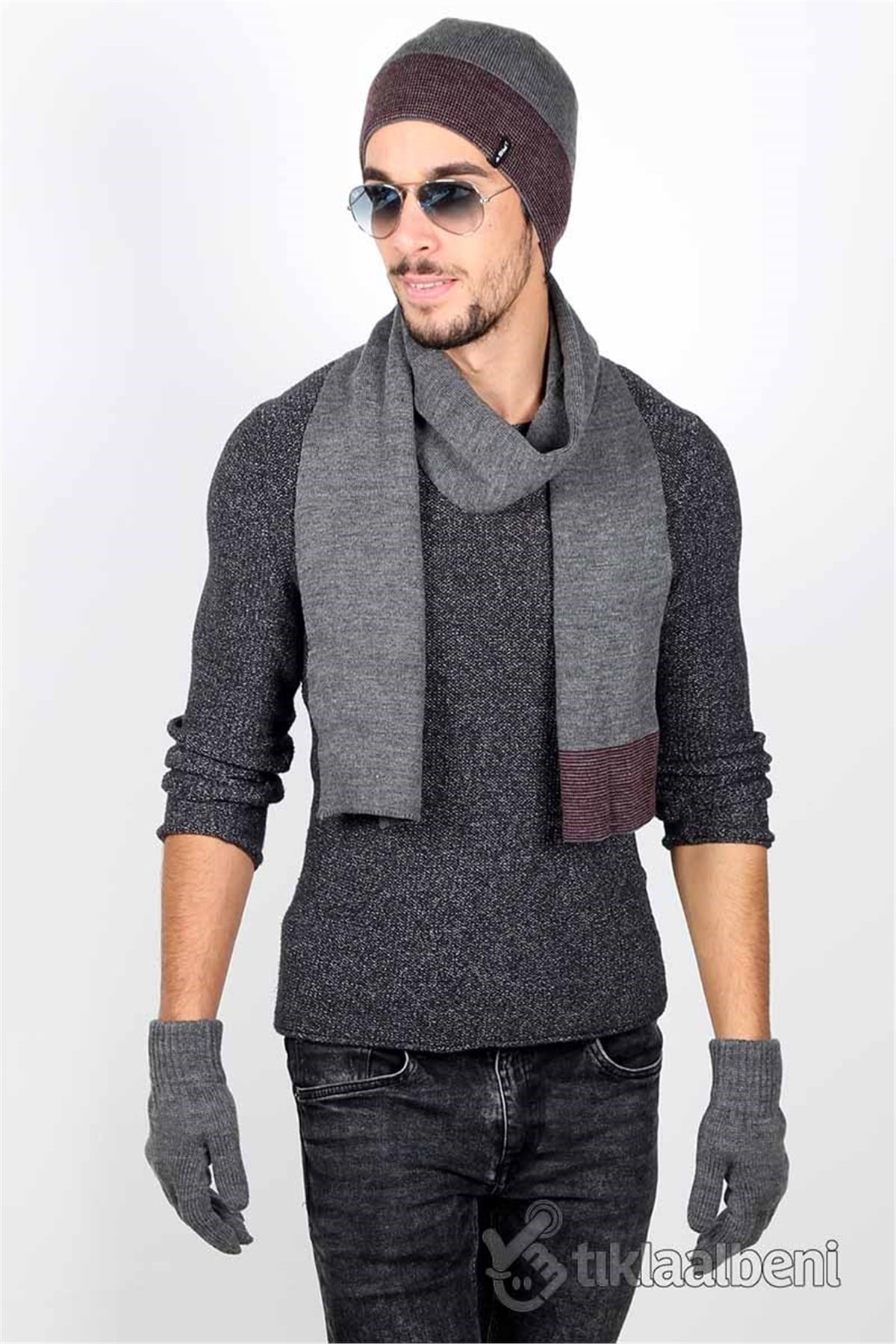 Cruise Erkek Atkı Bere Eldiven 3'lü Set ET18981 - Gri