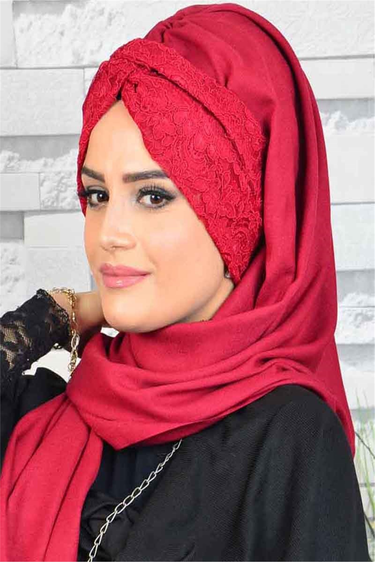 Dantelli Bordo Burgu Bandana Şal  BND3040
