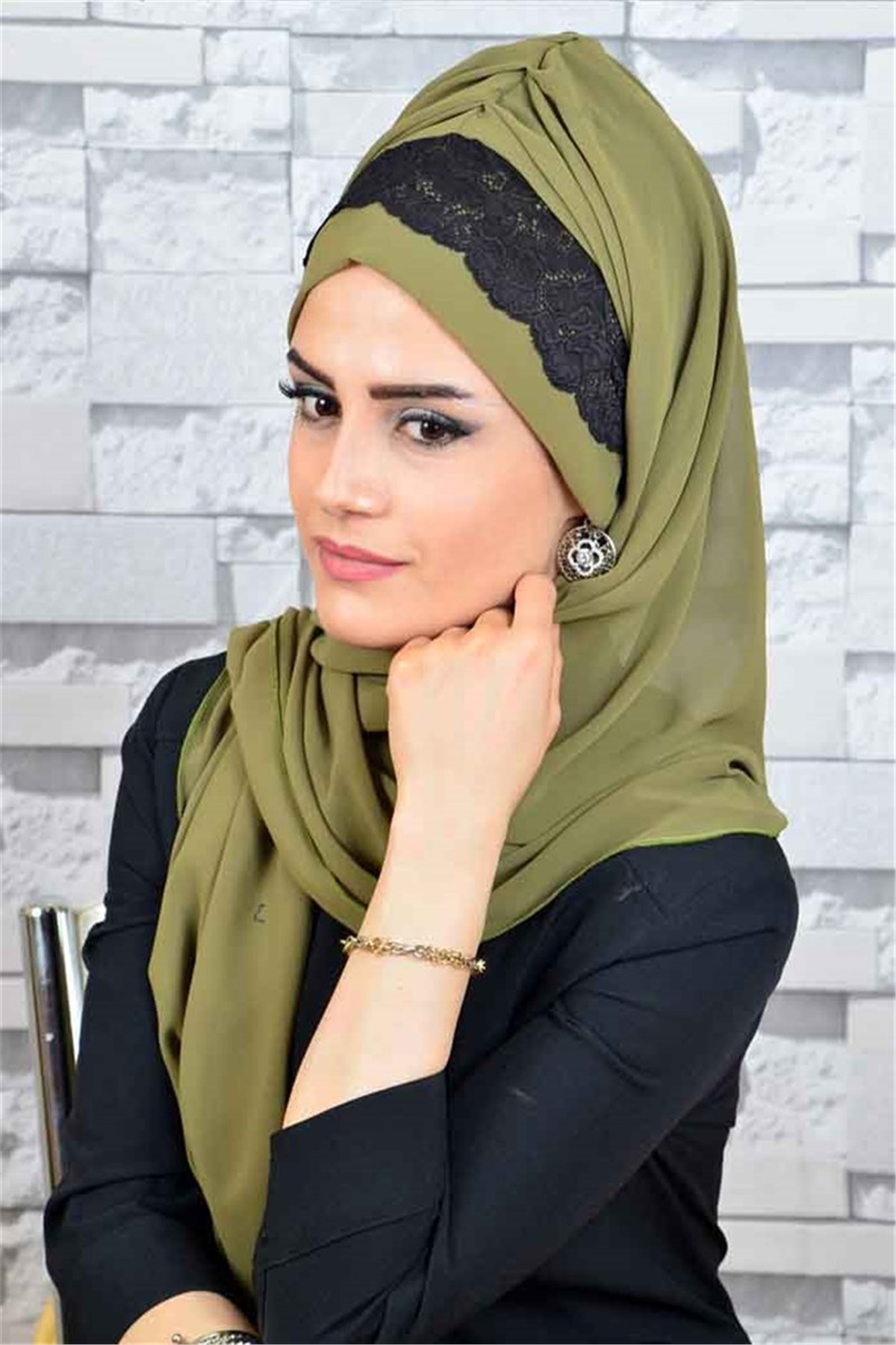 Dantelli Haki Bone Şal d623