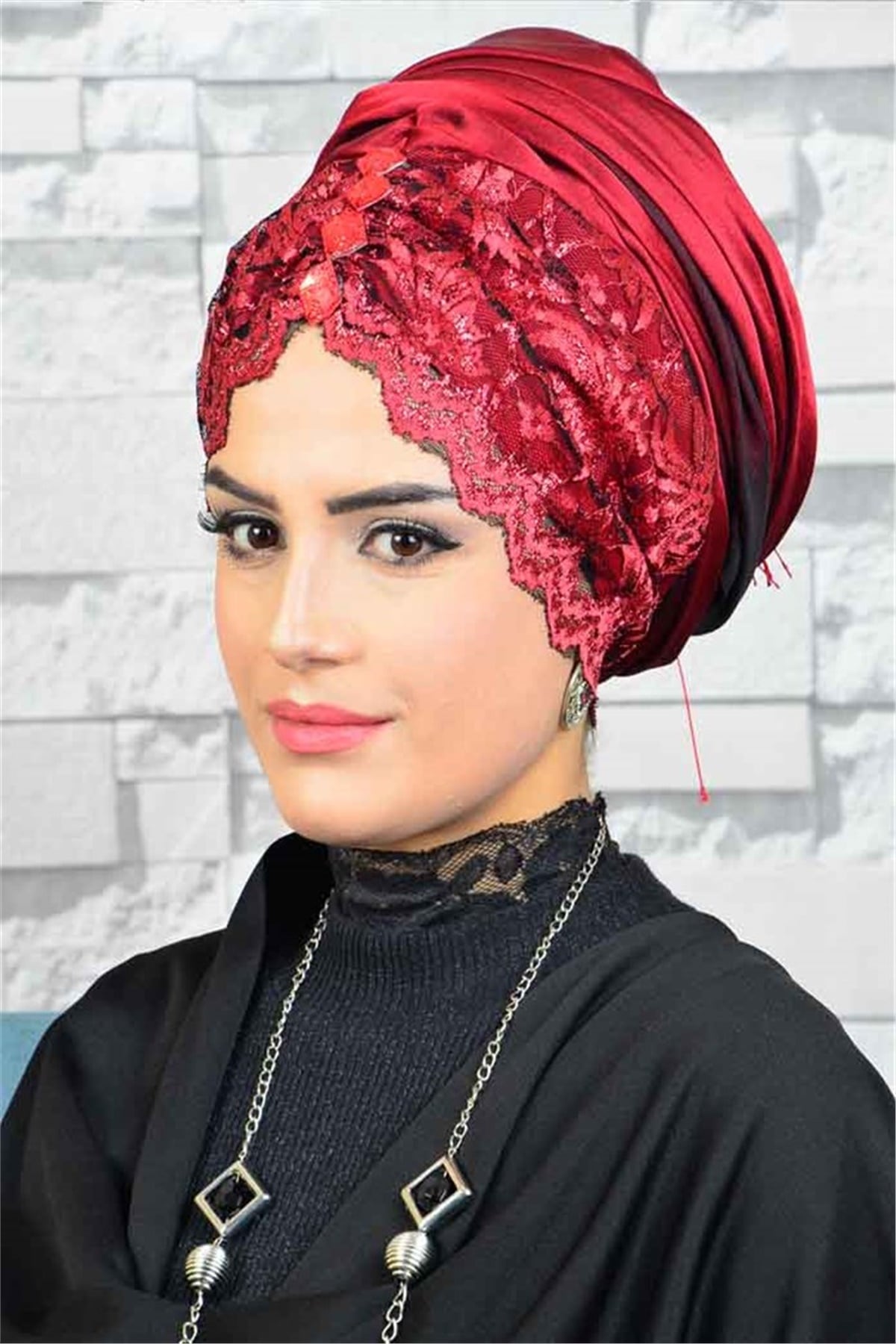 Dantelli Kırmızı Bandana Şal BND6026