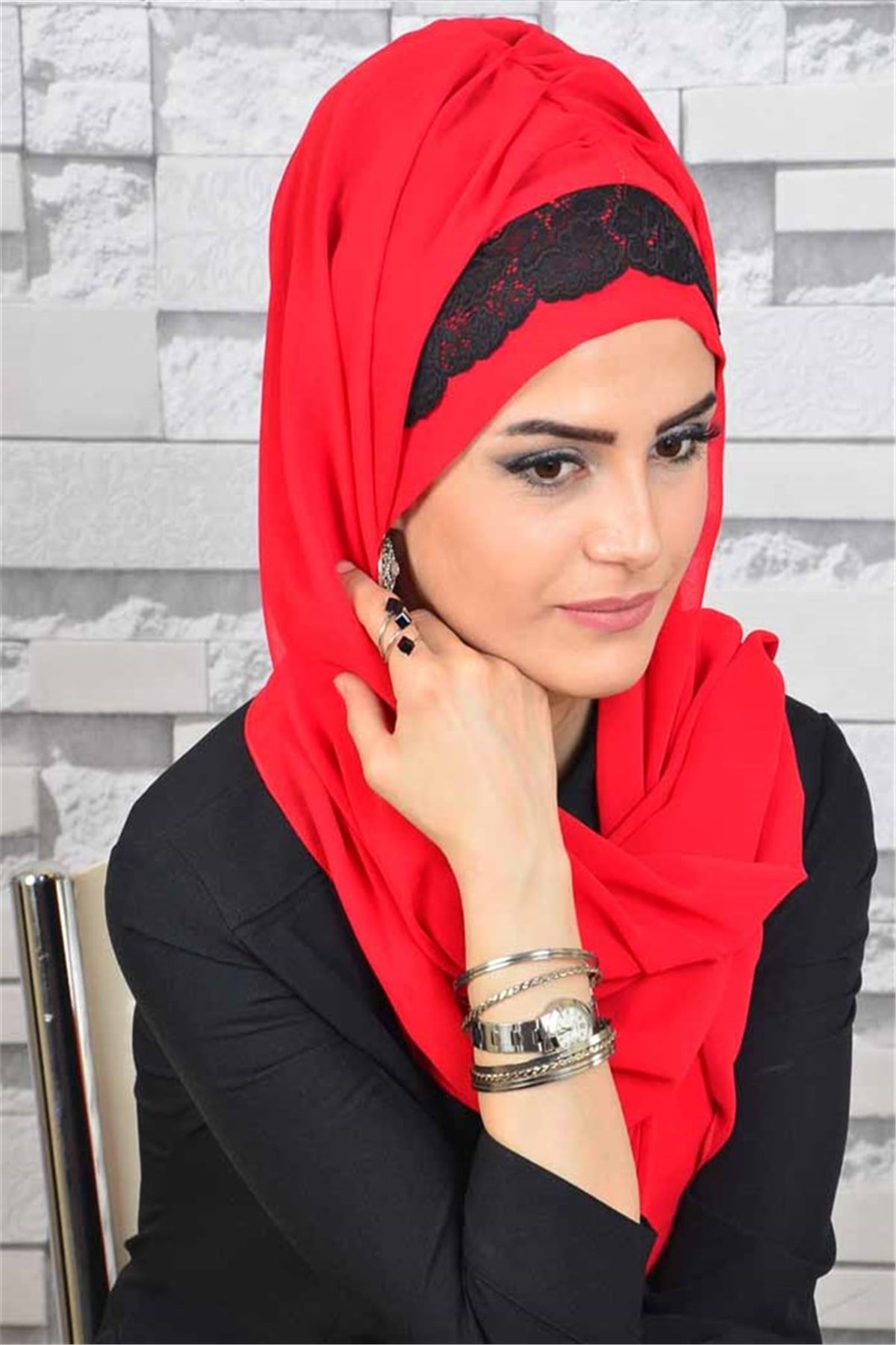 Dantelli Kırmızı Bone Şal d604