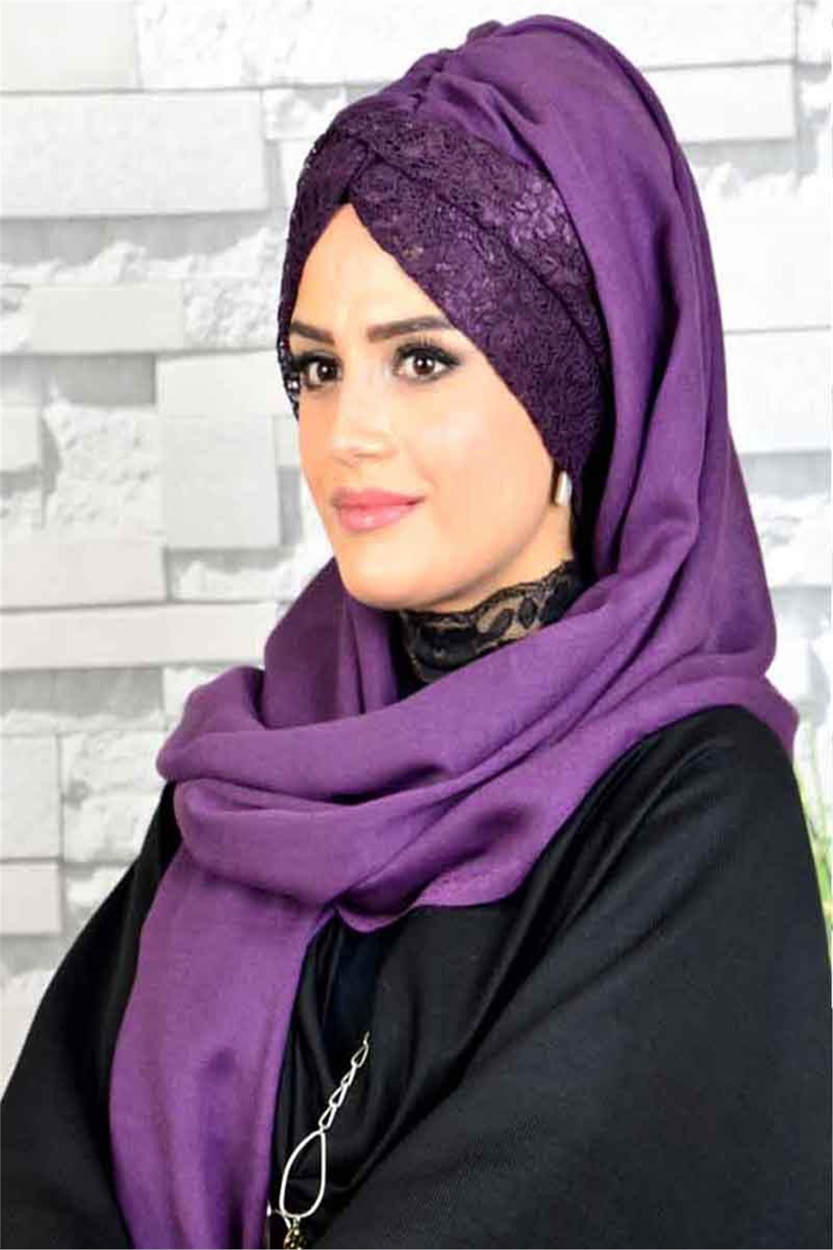 Dantelli Mürdüm Burgu Bandana Şal  BND3041