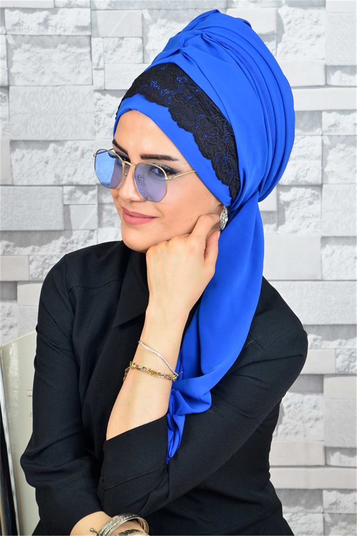 Dantelli Şifon Boneli Sax Mavi Hazır Şal D601