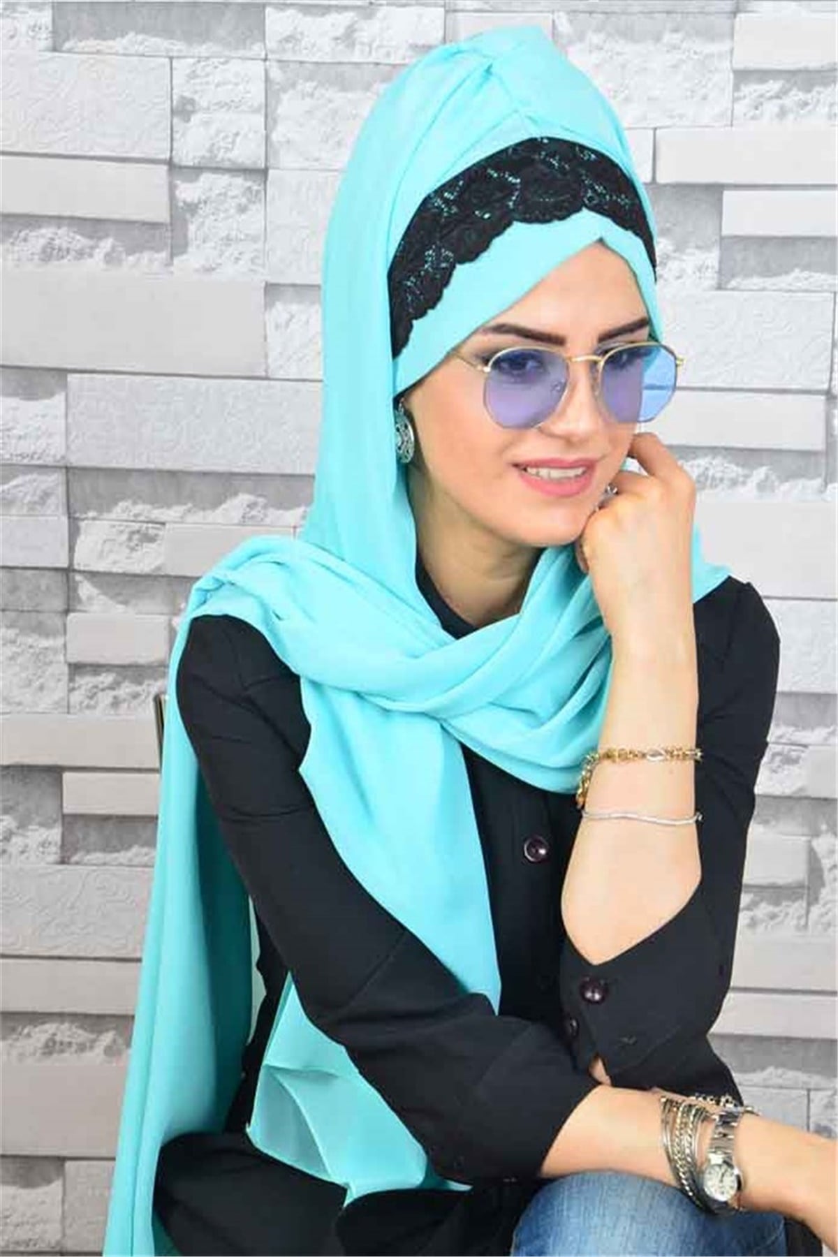 Dantelli Şifon Boneli Su Yeşili Hazır Şal D603
