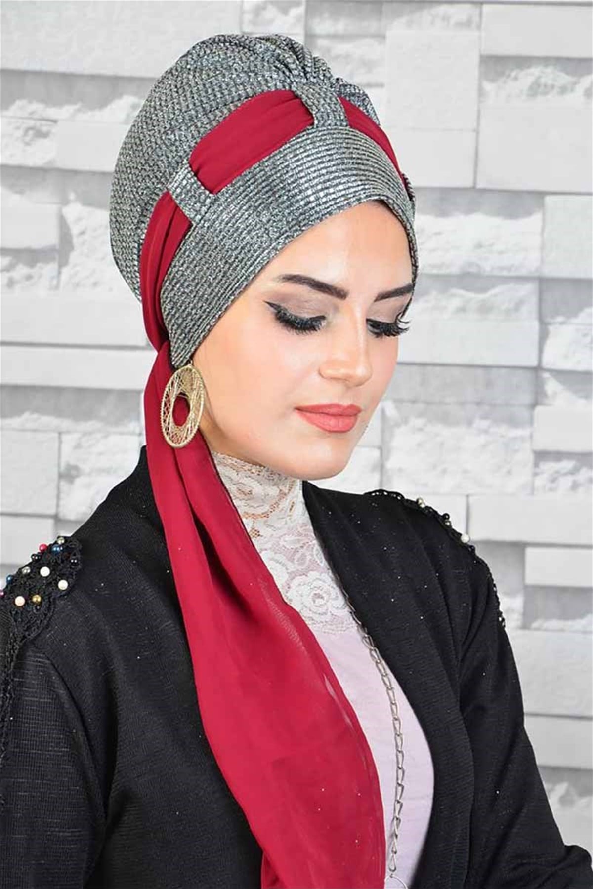 Desenli Antrasit Fularlı Abiye Bone bna050