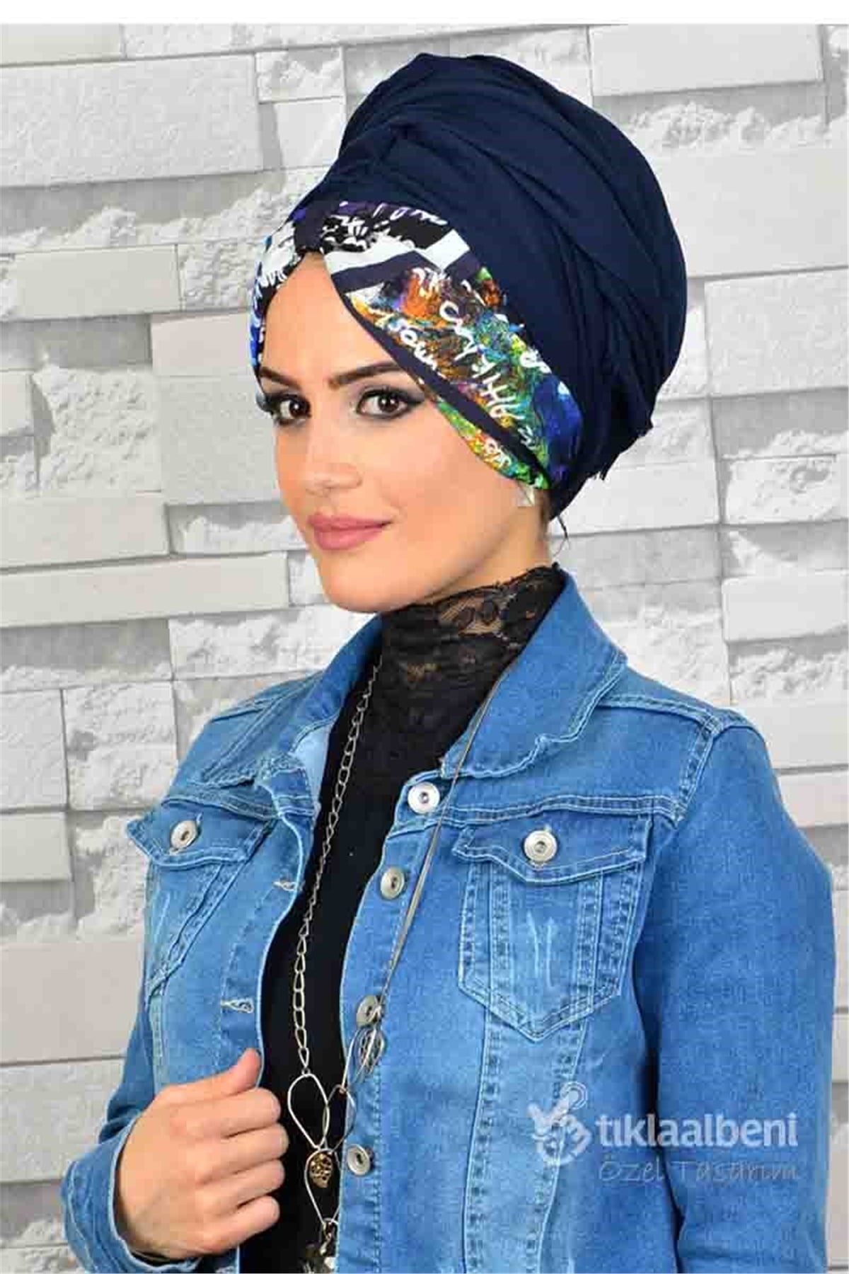 Desenli Bandana Lacivert Hazır Şal  BND127