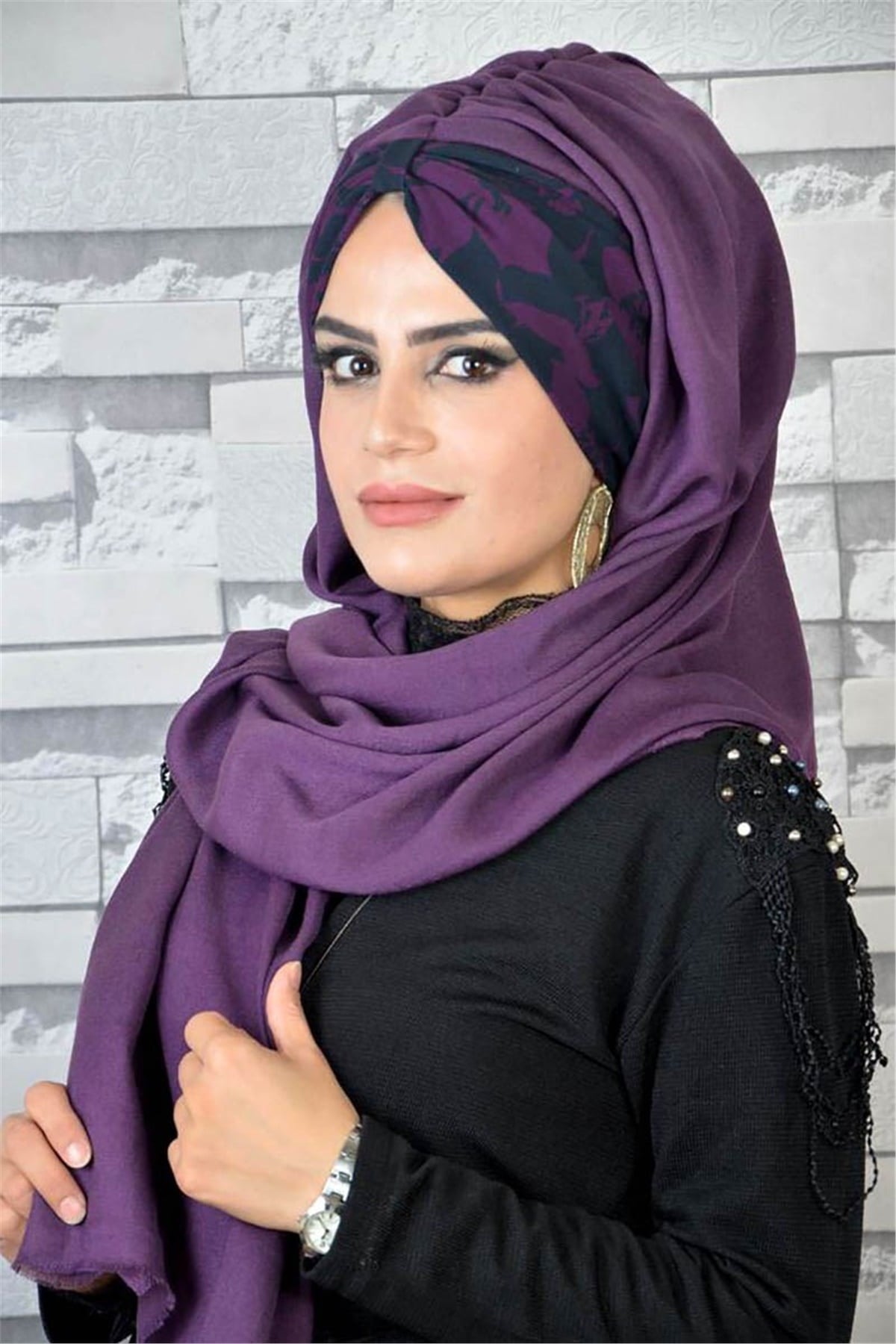 Desenli Hazır Şal Mürdüm T13987