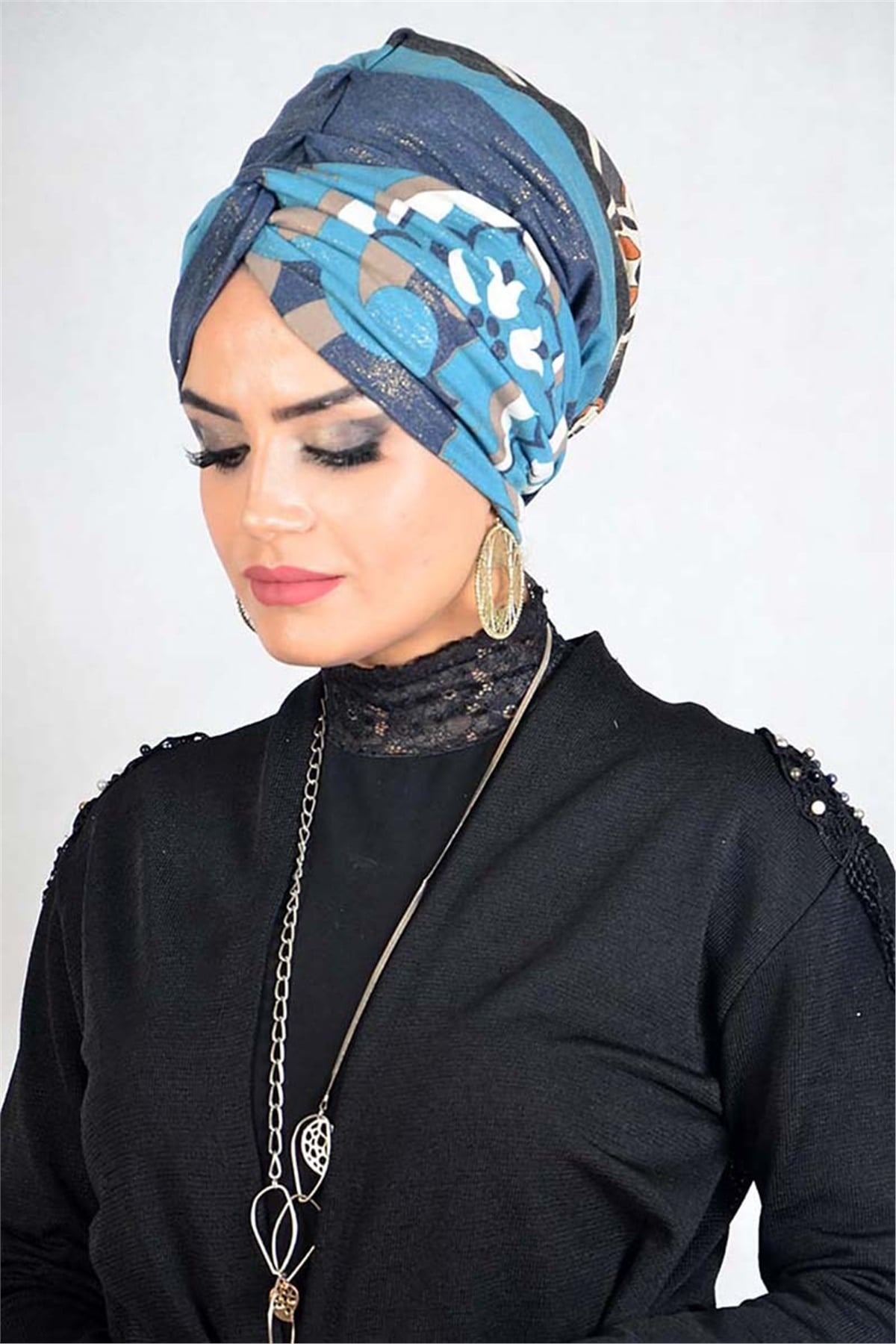 Desenli İndigo Burgu Şal Bone t13930