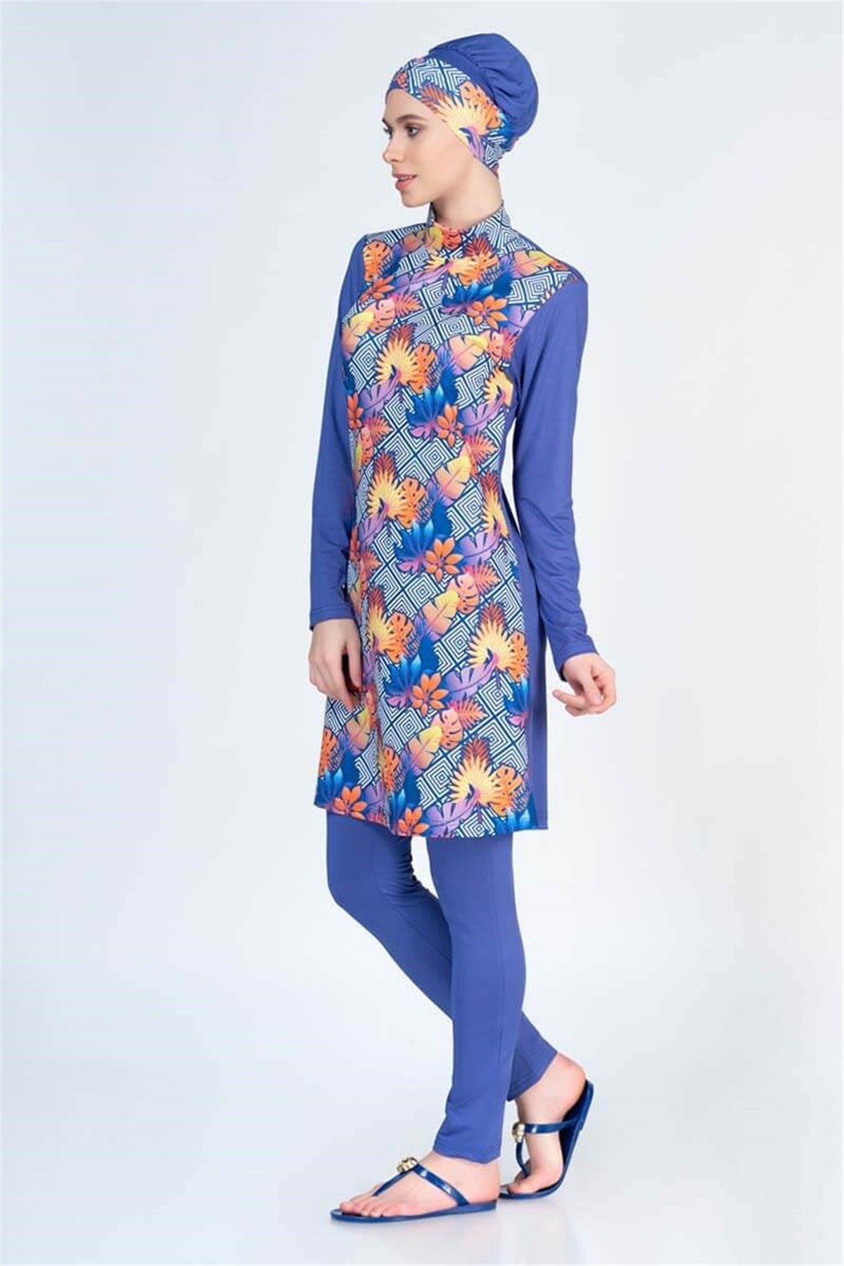 Desenli Likralı Tam Tesettür Mayo ALS2851 Mavi