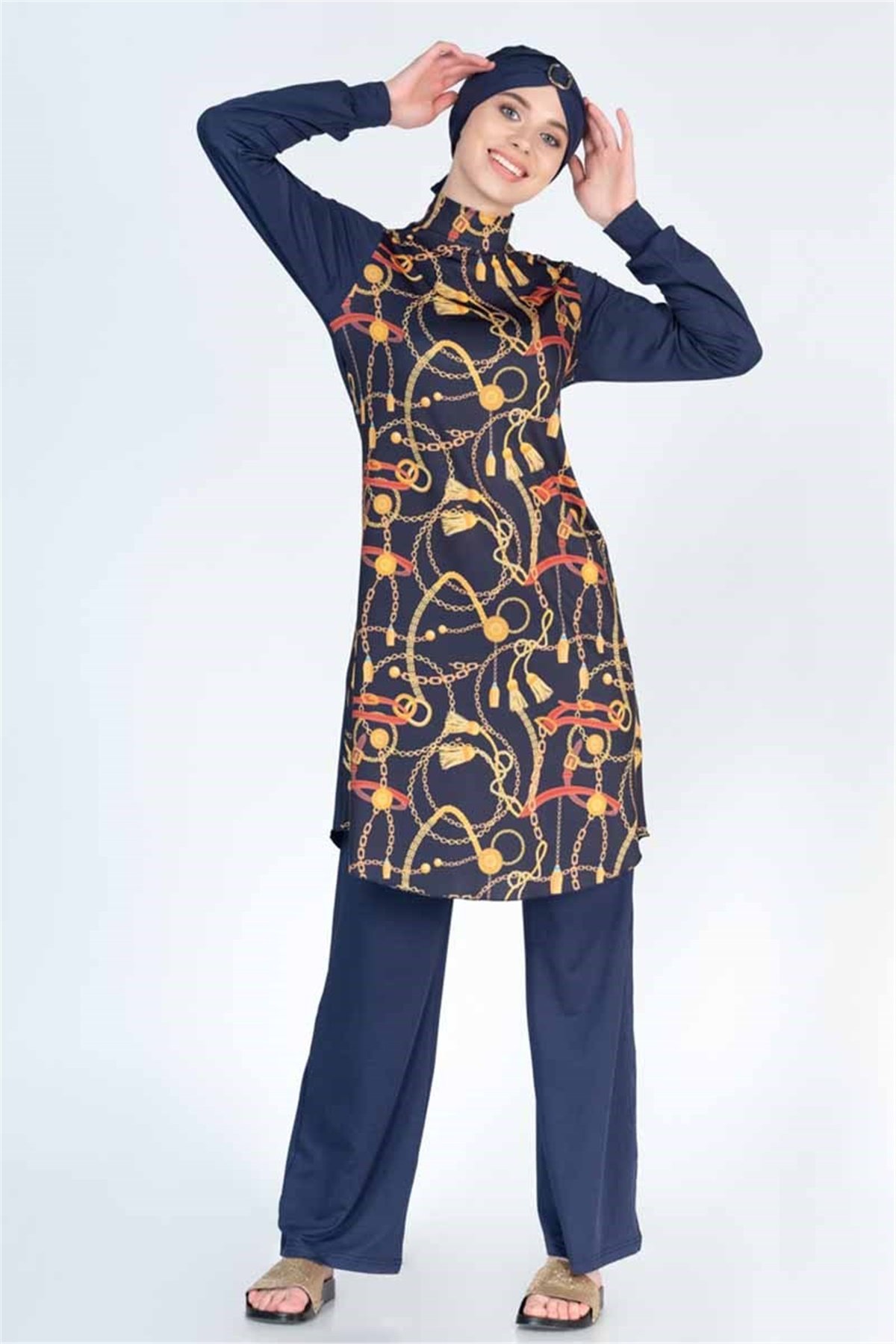 Desenli Likralı Tam Tesettür Mayo ALS4061 Lacivert