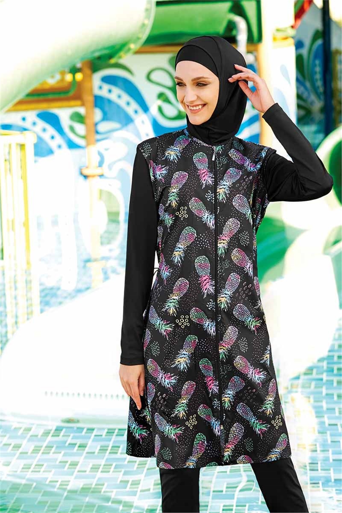 Desenli Siyah Tam kapalı Tesettür Mayo 10217