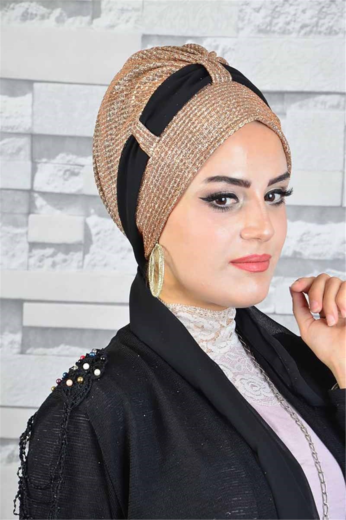 Desenli Somon Fularlı Abiye Bone bna048