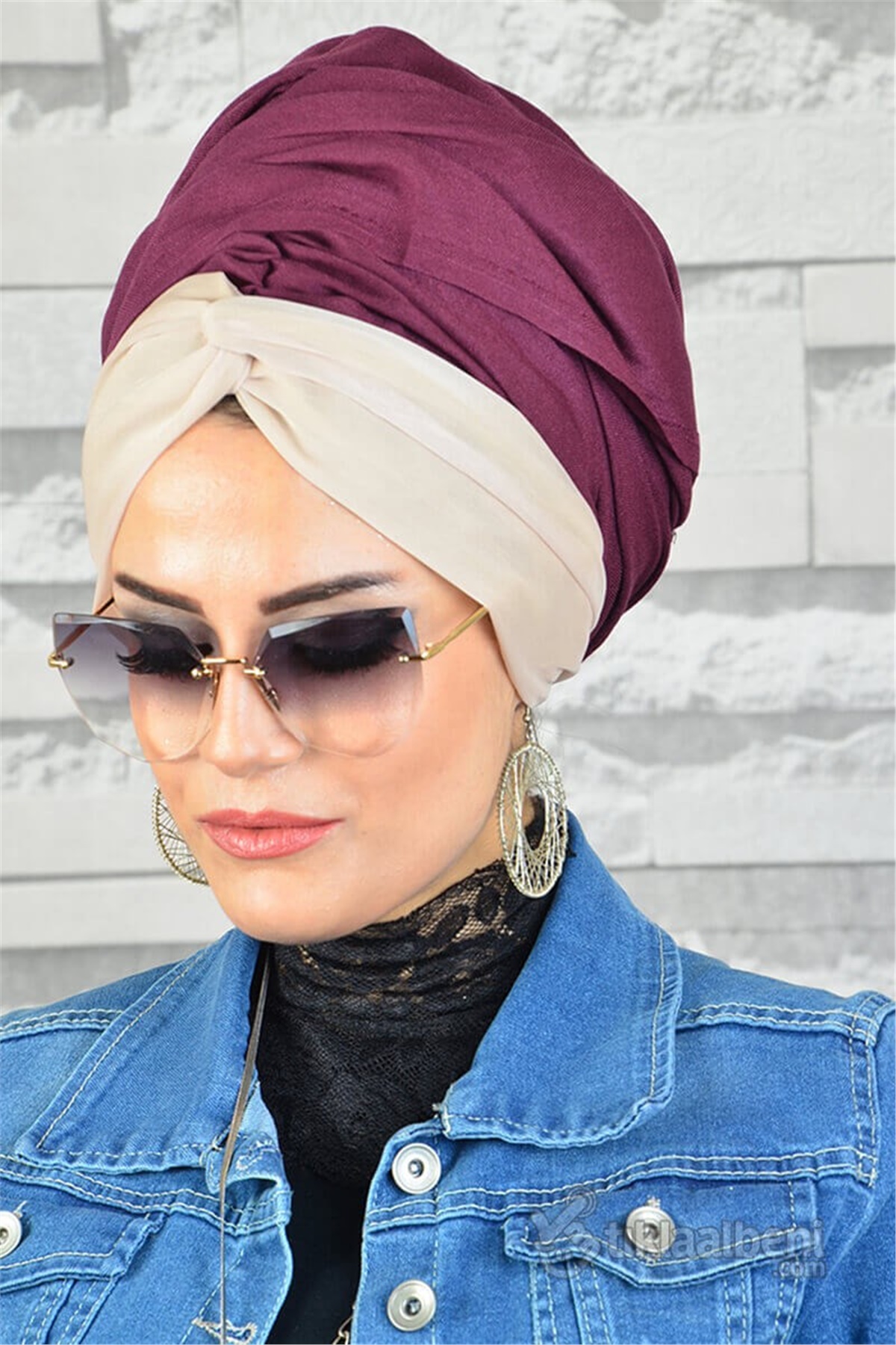 Ekru Biritli Mürdüm Bandana Hazır Şal bnd169