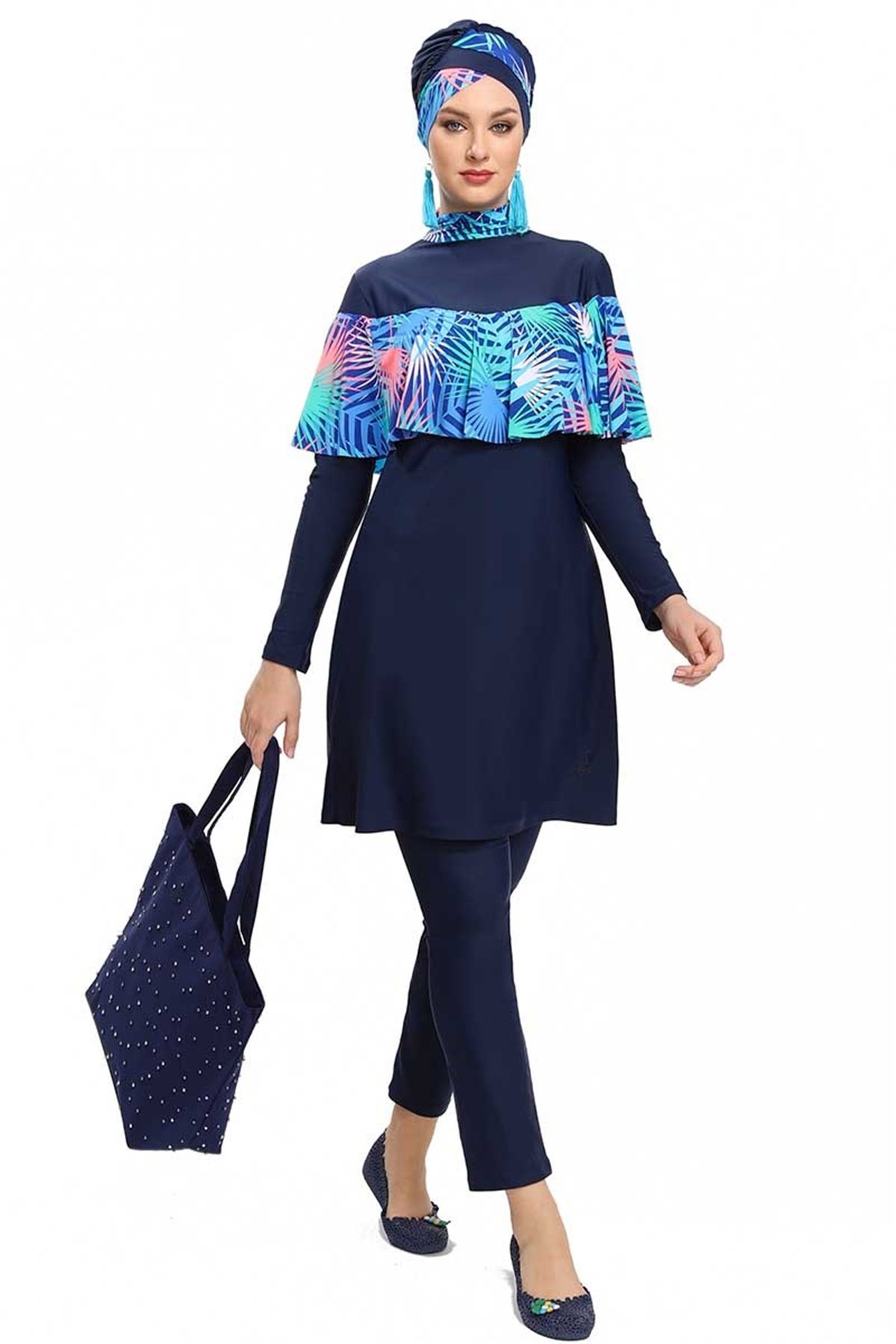 Elite Serisi Palmiye Tasarım Pileli Tesettür Mayo 194061