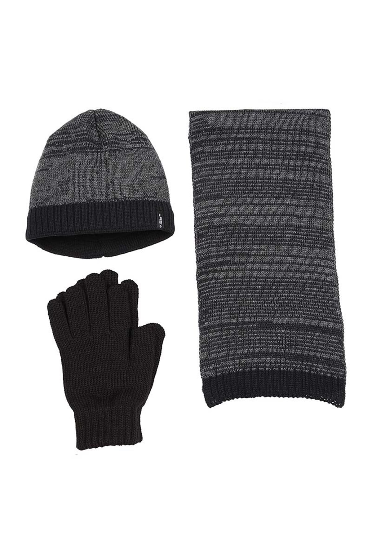 Erkek Atkı Bere Eldiven Takımı - Koyu Gri - K8980