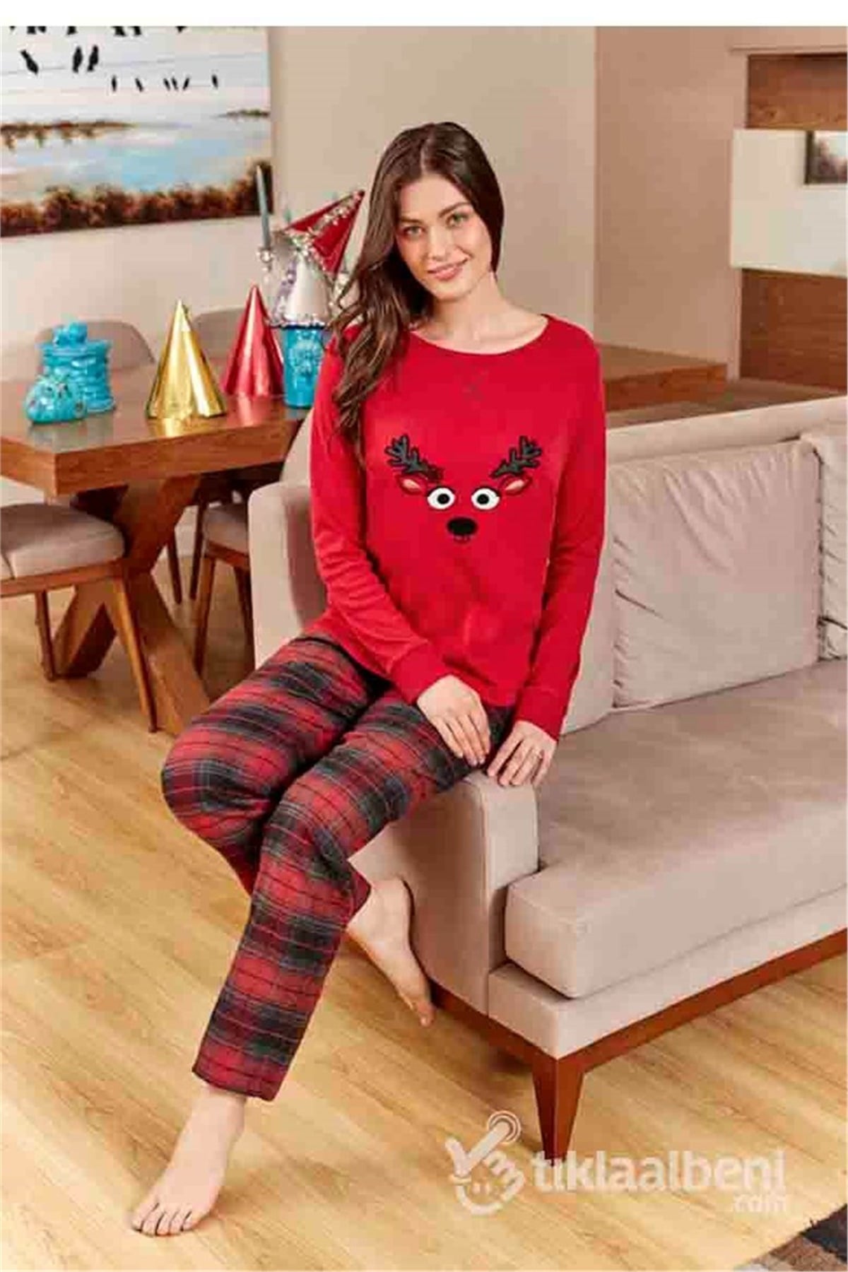 Eros ESK 20580 Bisiklet Yaka Geyik Desenli Bayan Pijama Takımı