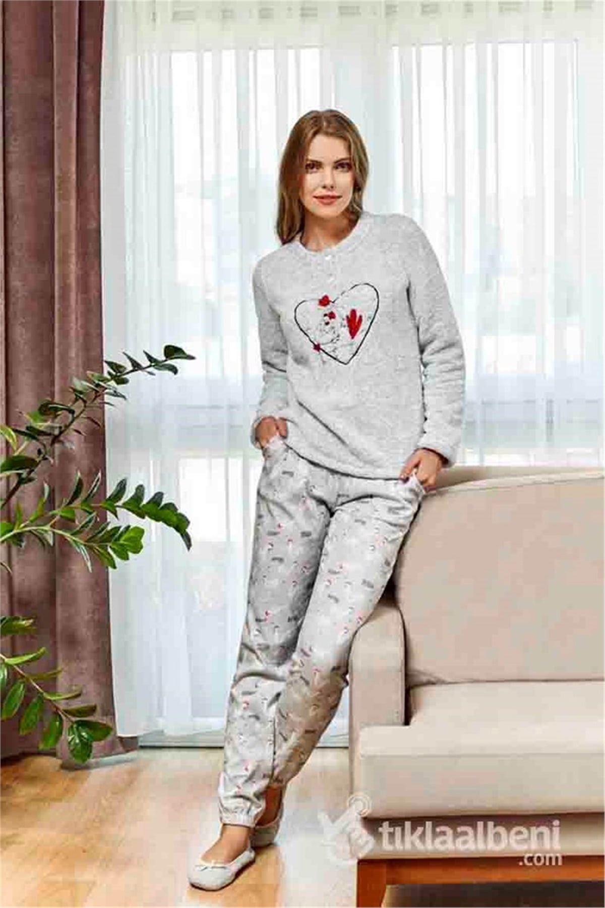 Eros ESK 20614 Bisiklet Yaka Kalp Desenli Bayan Pijama Takımı