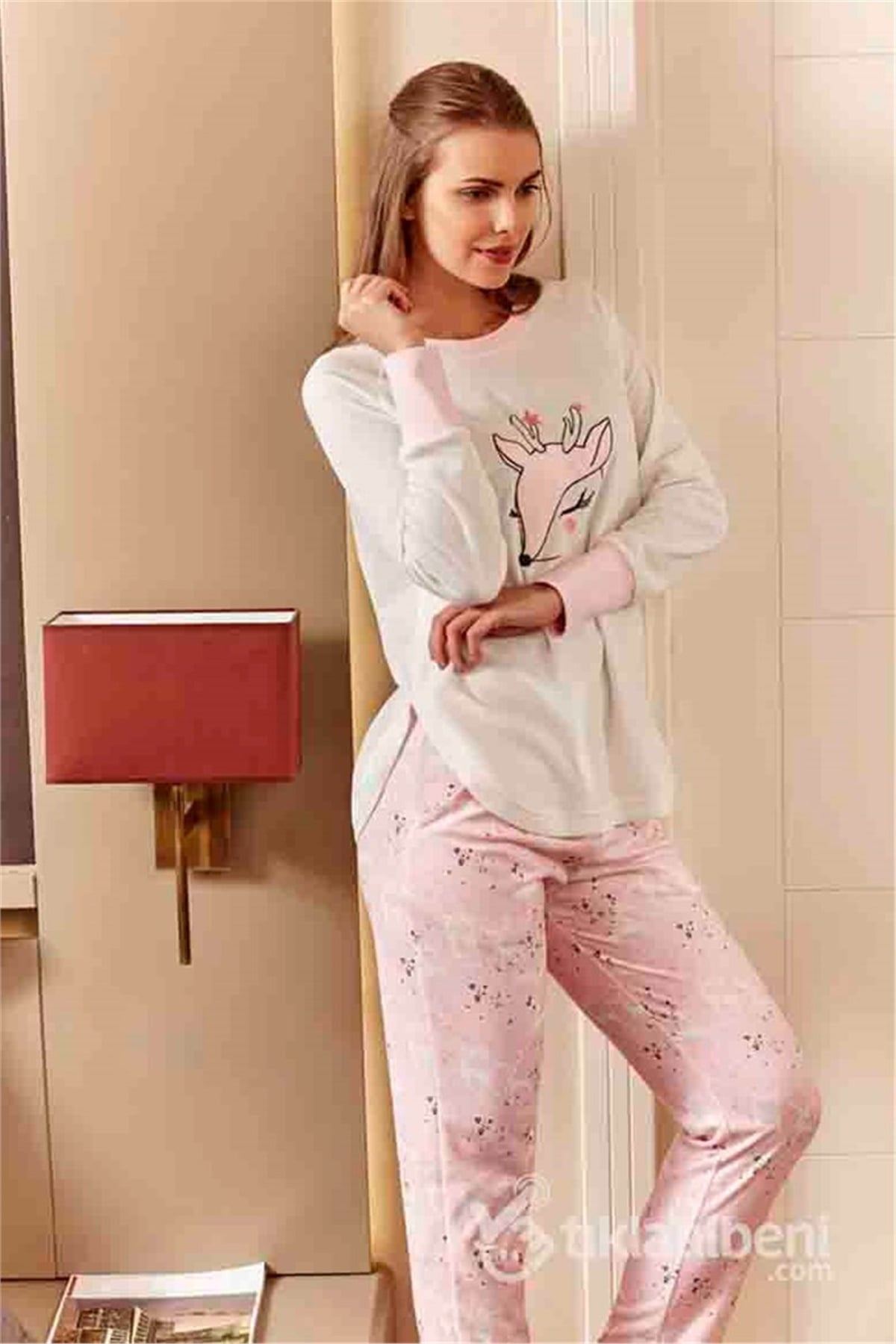 Eros ESK 20680 Bisiklet Yaka Geyik Desenli Bayan Pijama Takımı