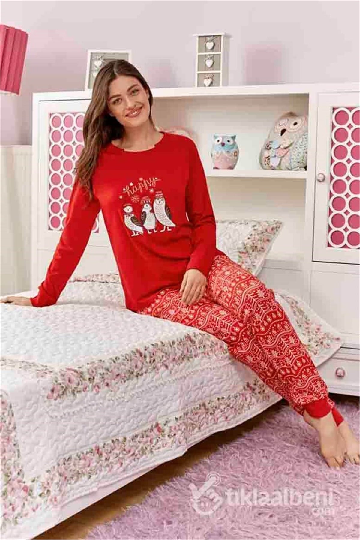 Eros ESK 20690 Bisiklet Yaka Kuş Desenli Bayan Pijama Takımı