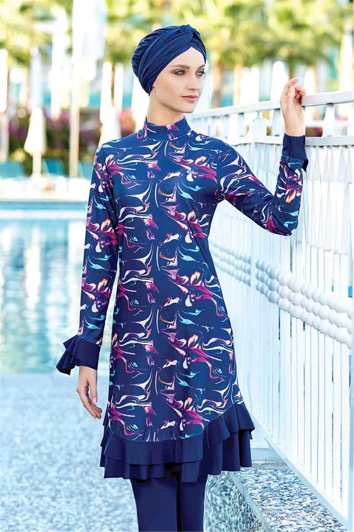 Etek ve Kol Bombeli Tasarım Adasea Tesettür Mayo