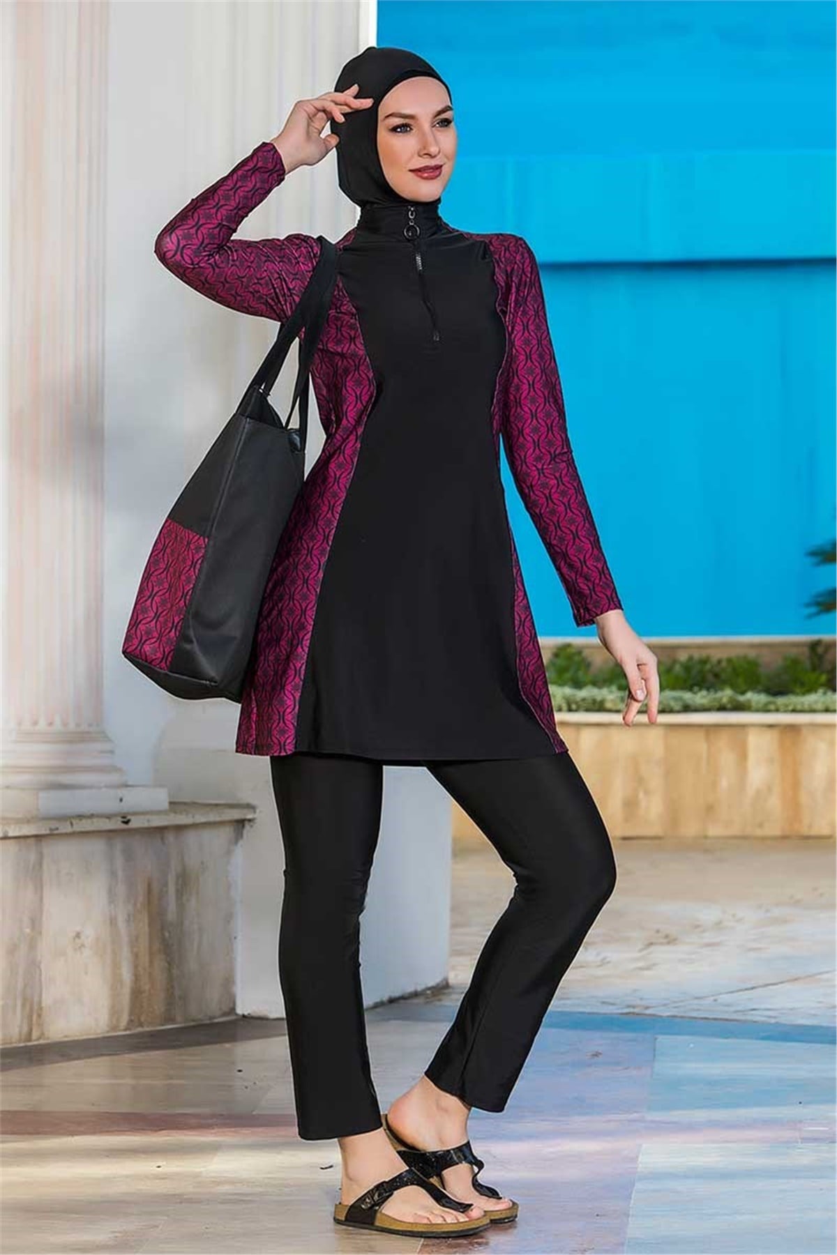 Fermuar Detaylı Tesettür Mayo A518 - Fuşya