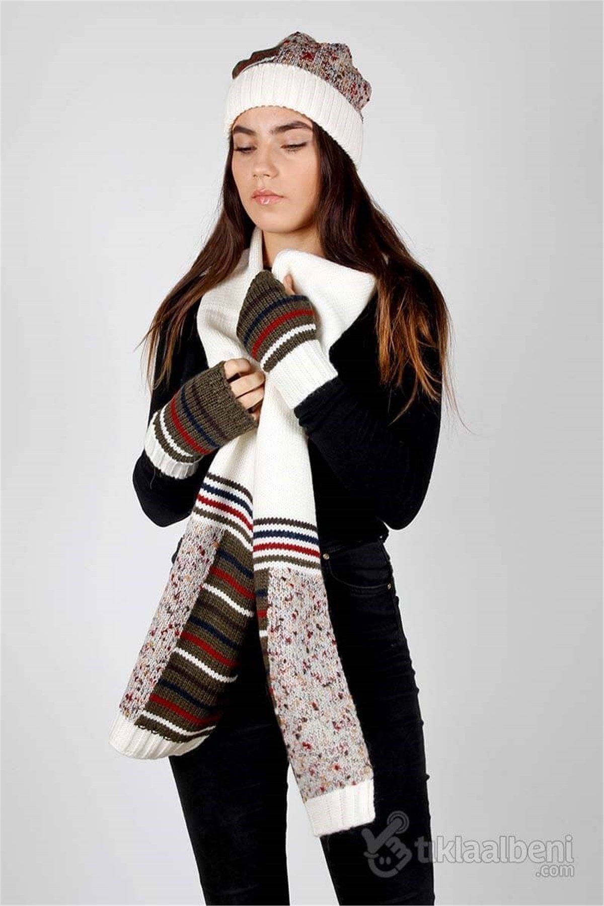 Fonem 13062-3 İsabelle Bayan Atkı Bere Eldiven Takımı  - Ekru