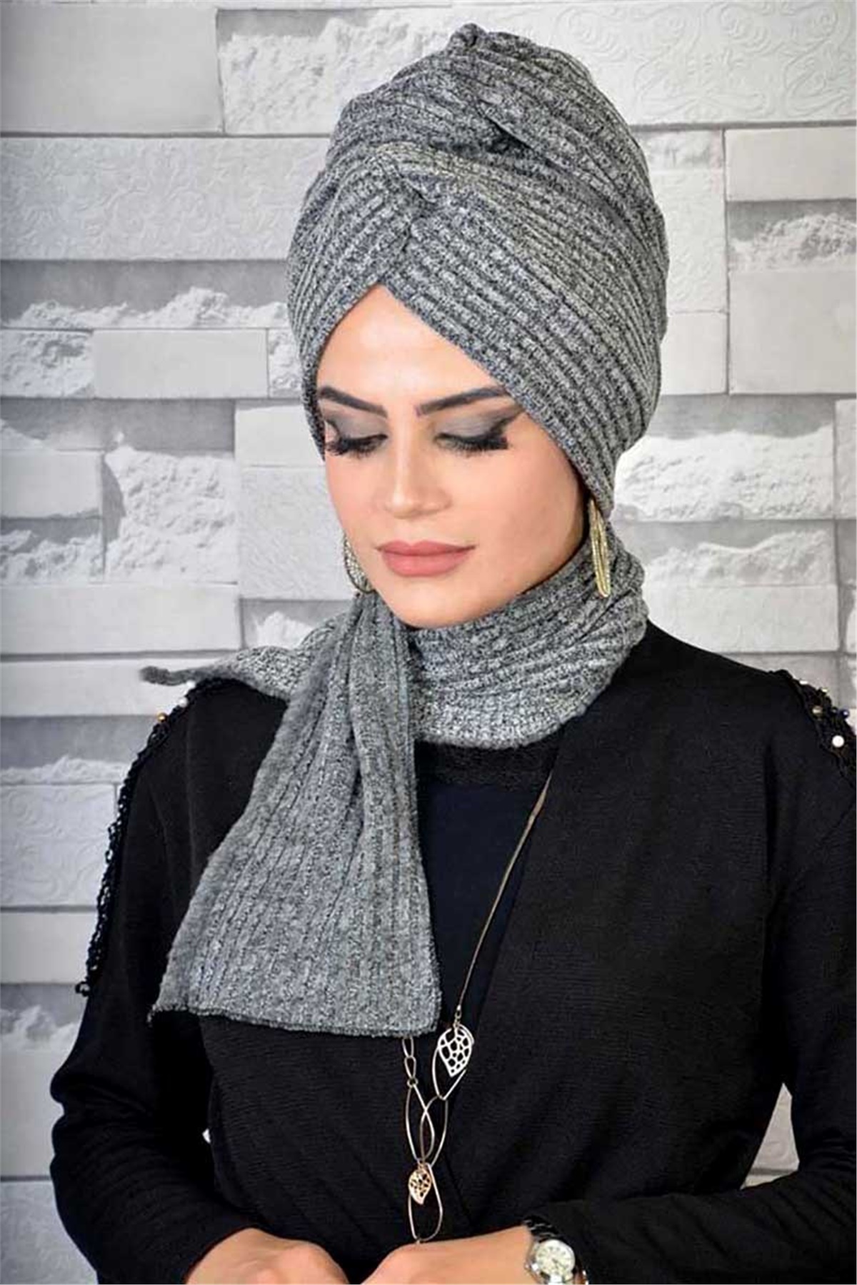 Füme Fitilli Triko Zincir Bone Şal T13965