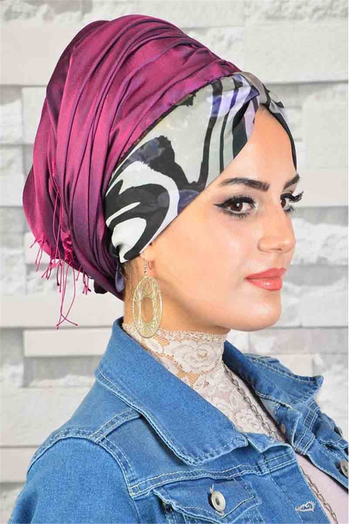 Fuşya Jakarlı Bandana Hazır Şal bnd119