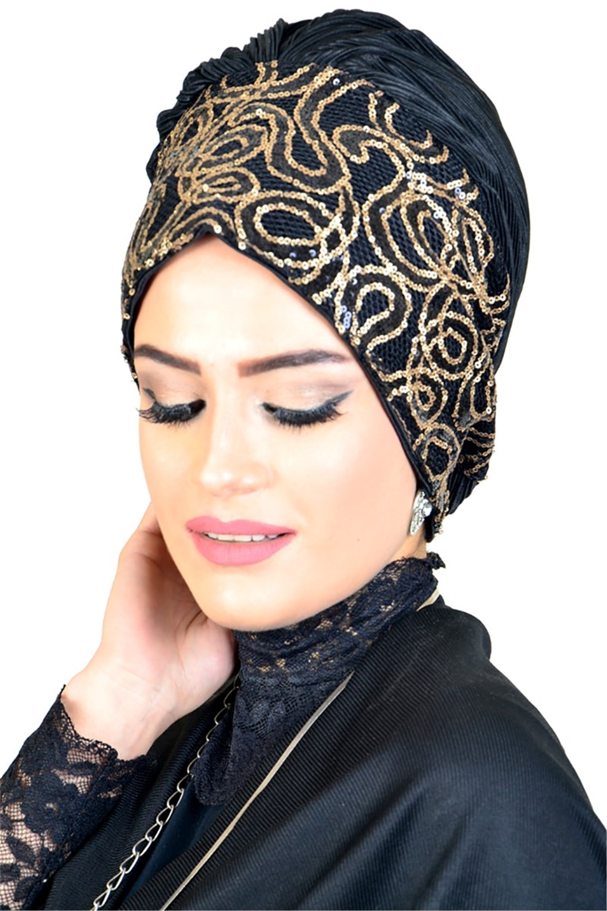 Gold Payetli Siyah Abiye Bone Şal hz002