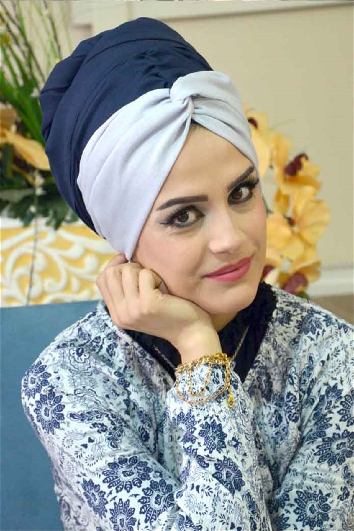 Gri Lacivert Burgu Bandana Pratik Şal BND3019