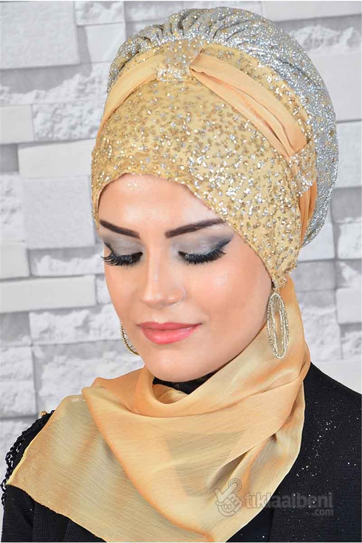 Gümüş Geçişli Simli Gold Abiye Tesettür Bone bna015