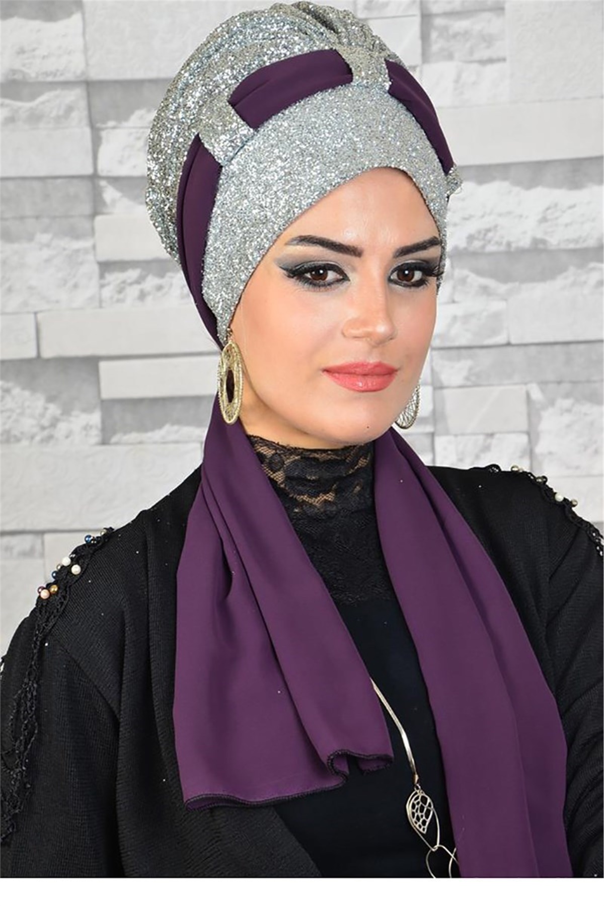 Gümüş Simli Fularlı Bone bna029 Mor