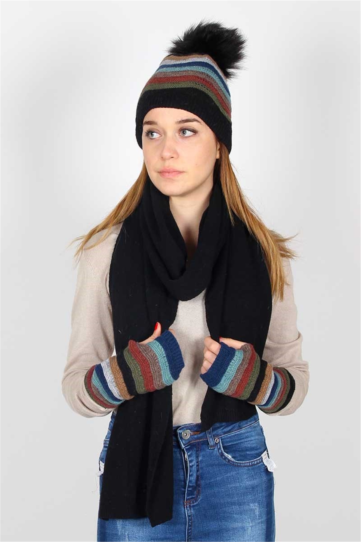 Harley Kadın Atkı Bere Eldiven Takımı Exclusive 13081 -  Siyah