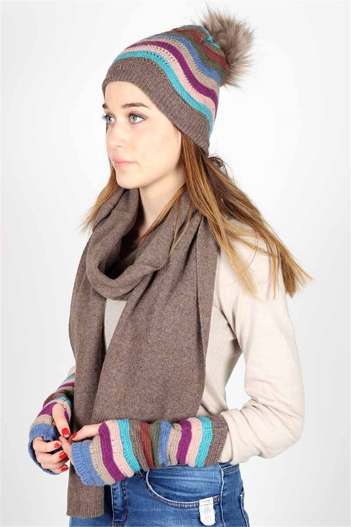 Harley Kadın Atkı Bere Eldiven Takımı Exclusive 13081 -  Kahve