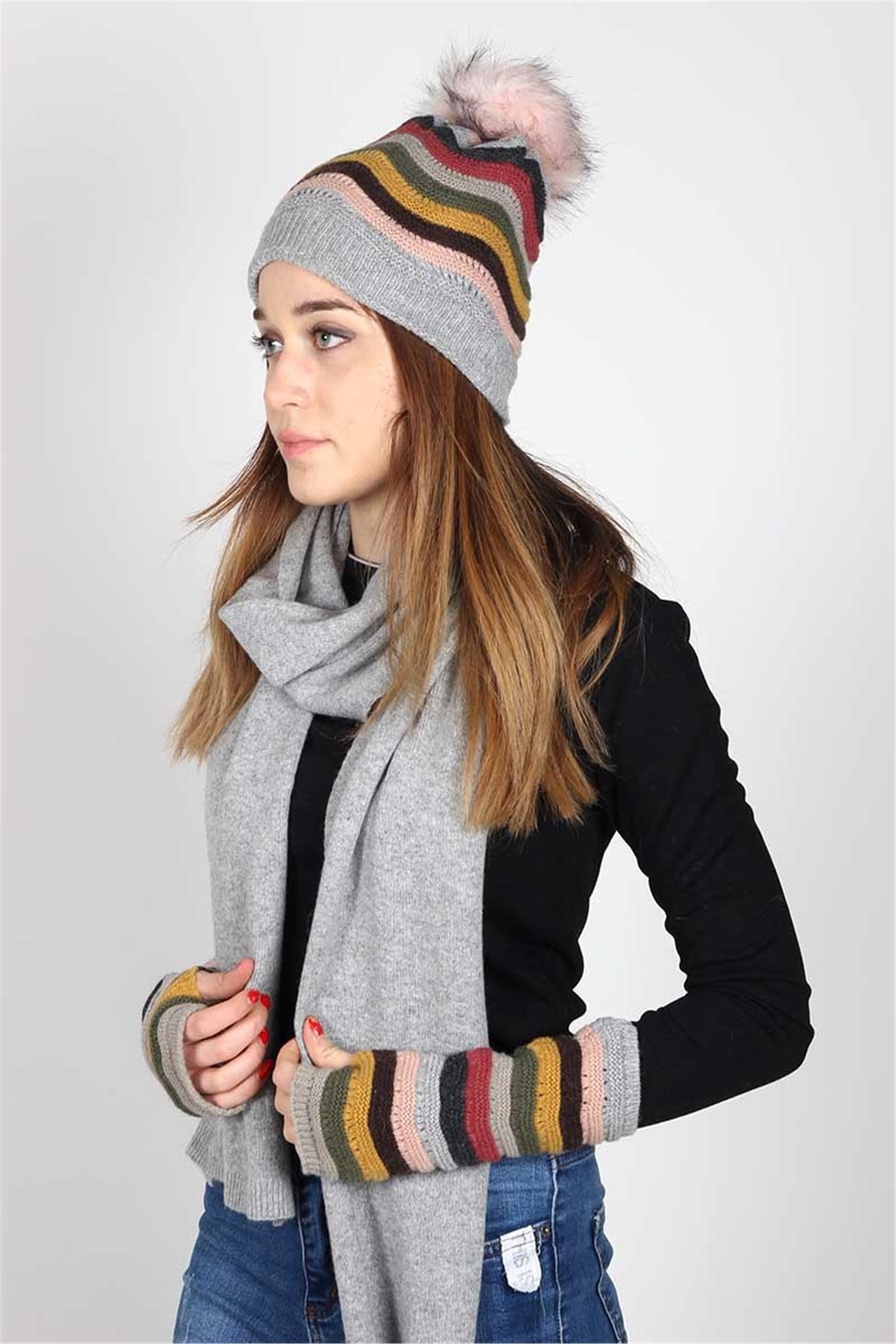 Harley Kadın Atkı Bere Eldiven Takımı Exclusive Serisi 13081 - Gri