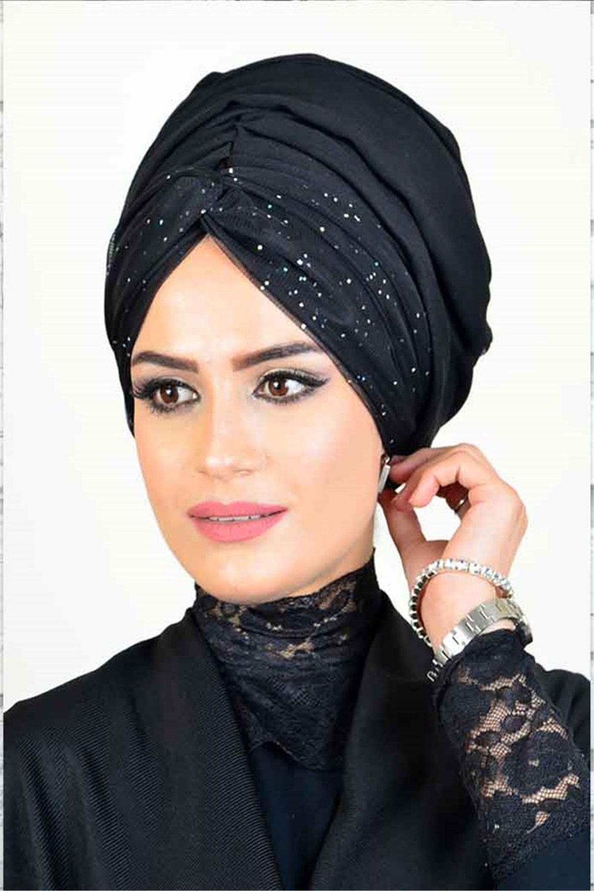 Hayal Tül Siyah Bandana Bone Hazır Şal bnd3047