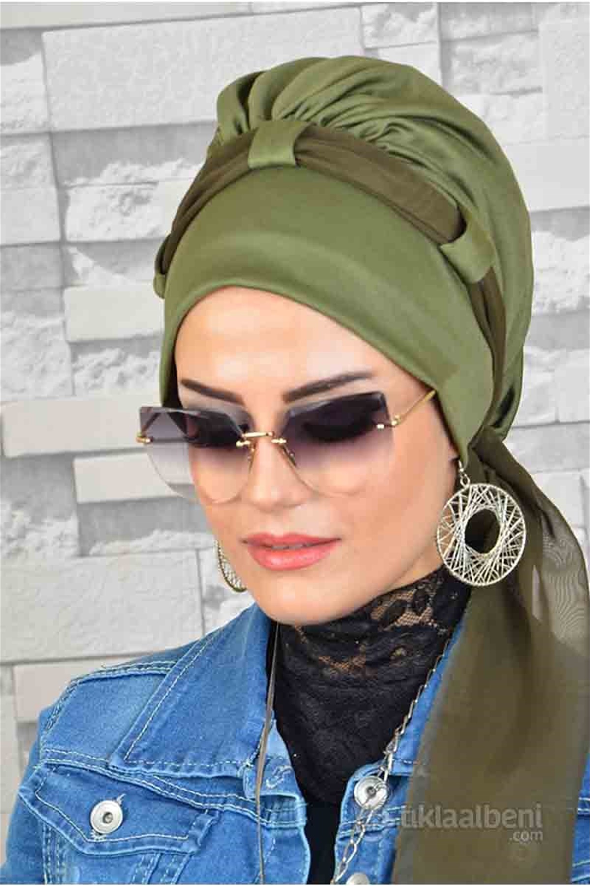 Hazır Fularlı Haki Eşarp Pratik Bone tb2012